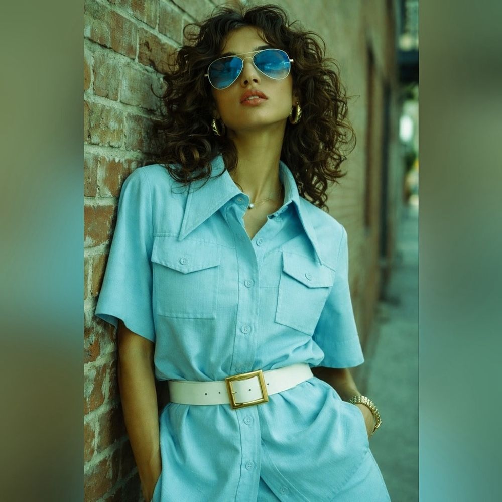 Vintage 1970s Collegian of California Sky Blue Leisure Suit Pant Set